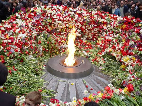 photo of Central Armenia, Yerevan, thousands of flowers around the flame inside the Genocide monument, commemmorating on 24 april the Armenian genocide of 1915