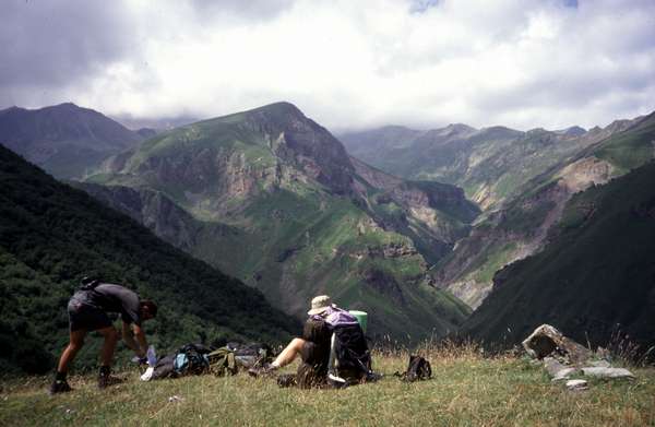 photo of Republic of Georgia, hikers on the Gergeti hike in the Caucasus mountains around mount Kazbegi