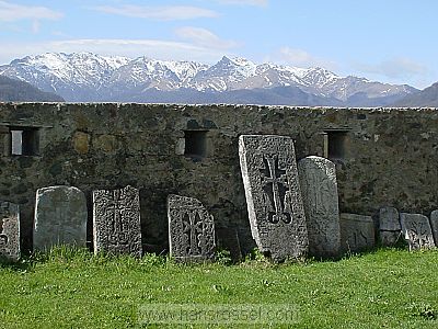 photo of Nagorno Karabakh, Artsakh, Mardakert district, around Vank village, Armenian Khachkar crosses (Christian sculptured cross stones) in the garden of Gandzasar Monastery