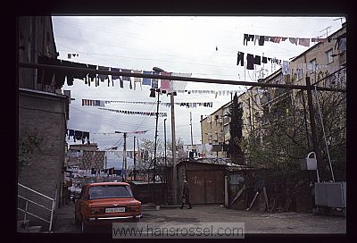 photo of Nagorno Karabakh, laundry lines hanging out from apartment blocks in the outskirts of Stepanakert, the capital of Karabakh
