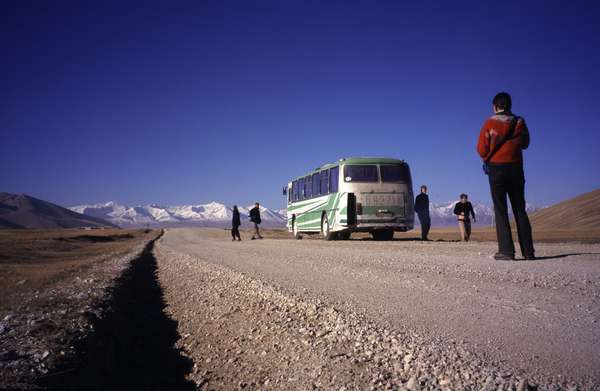 photo of Kyrgyzstan, bus on the road from Naryn to the Torugart Pass, the high border with China