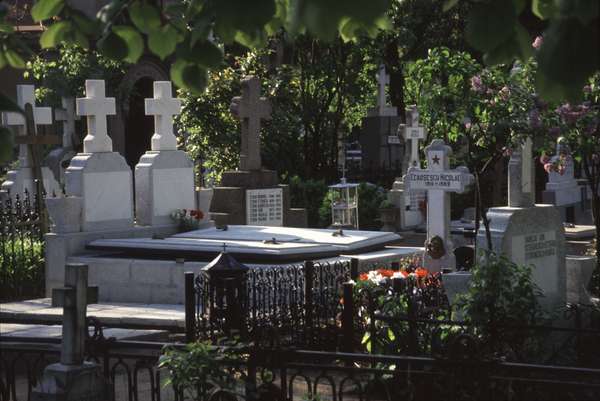 photo of Romania, Bucharest, the tiny grave with red star of Nicolae Ceausescu (Ceaucescu), the once mighty communist dictator, hidden among bigger graves on the Ghencea cemetery