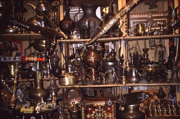 photo of Syria, copper and tin souvernirs in a tourist souvenir shop 