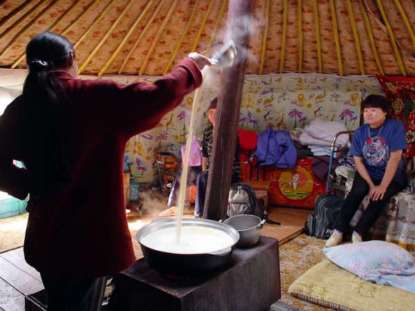 photo of Tuva, south of Kyzyl, around Erzin, east of Naryn, preparing and skimming milk in a Tuvan yurt (ger)