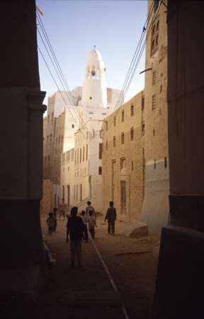 photo of Yemen, Wadi Hadramaut (Hadramaout, Hadhramawt), street with mud brick houses in Tarim