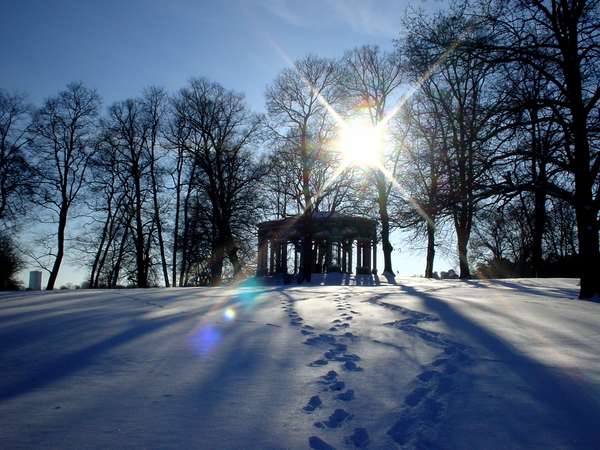 photo of Sweden, Stockholm, Haga Parken on a bright and sunny Swedish winter day, view on a pavilion between the trees