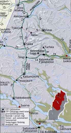 KLIK OP DE KAART voor een grotere map van Kungsleden etappe 2 Kebnekaise - Saltoluokta en de wandelpaden en STF berghutten Singi, Kaitumjaure, Teusajaure en Vakkotavare