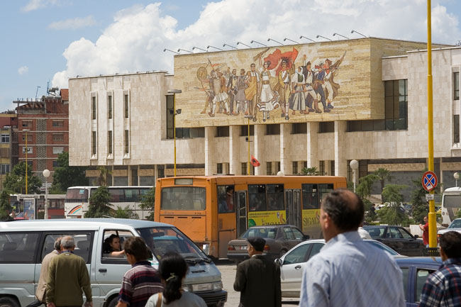 Albania photo of Tirana: mosaic mural on Sheshi Skënderbej (Skanderbeg square), facade of the national museum of history. The mural entitled Albania shows Albanians victorious from Illyrian times to World War II 