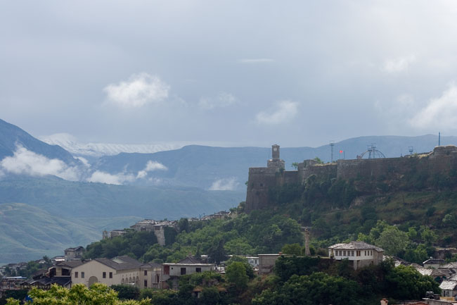 Albania photo: Gjirokastra (Gjirokaster), Citadel fortress castle, clock-tower, terrace, walls and fortifications. 