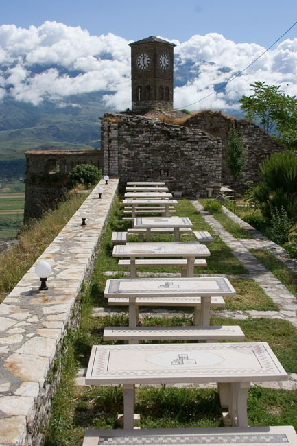 Albania photo: Gjirokastra (Gjirokaster), Citadel fortress castle, clock-tower, terrace, walls and fortifications. 